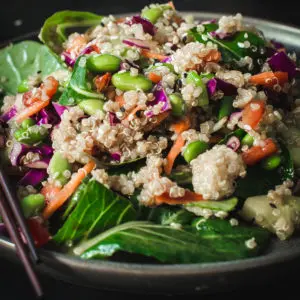 Side view of asian sesame quinoa salad on black plate with chopsticks.