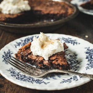 slice of fudge pie on blue and white china