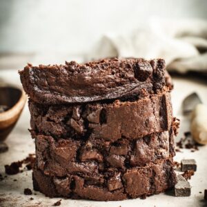 Stacked slices of chocolate banana bread.