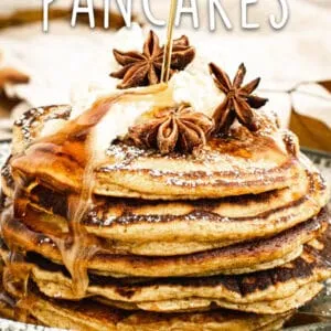 Healthy Pumpkin Pancakes with title in white for Pinterest.