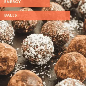 Coconut energy bites with orange title.