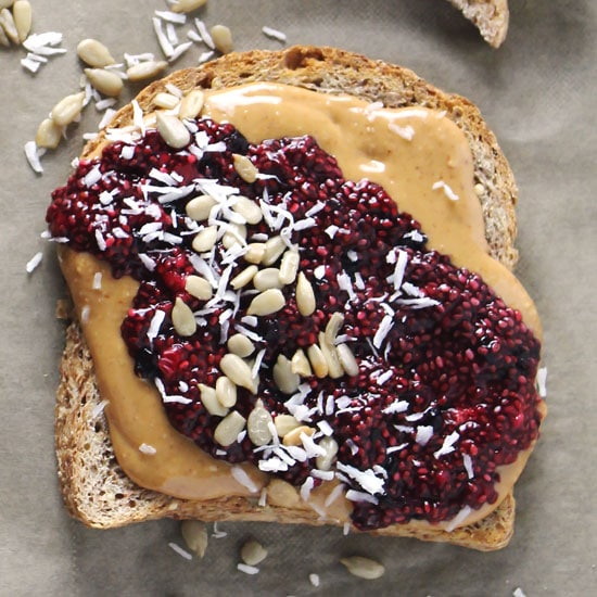 Mixed Berry Chia Seed Jam Peanut Butter Breakfast Toasts