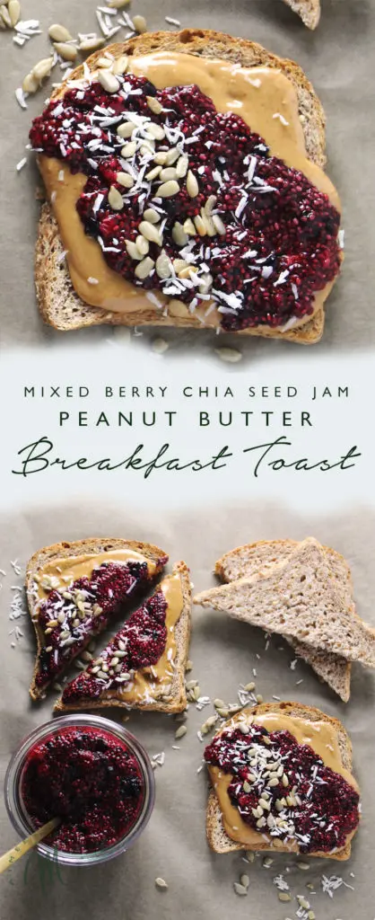 This simple recipe for Mixed Berry Chia Seed Jam Peanut Butter Breakfast Toasts will leave you satisfied and with plenty of jam for the week | via aimeemars.com | #ChiaSeedJam #BreafastToast #HomemadeJam 