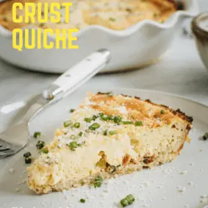 Slice of quiche with bright yellow title.