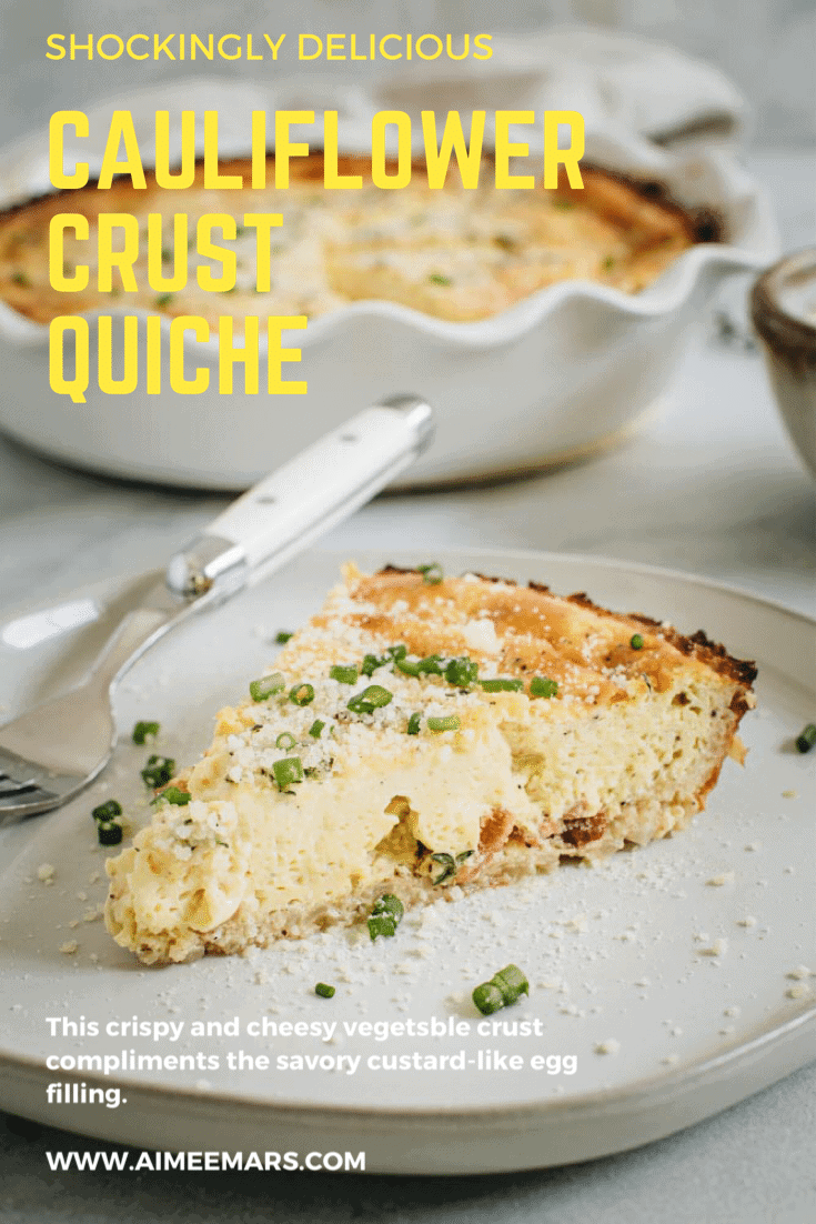 Slice of quiche with bright yellow title.