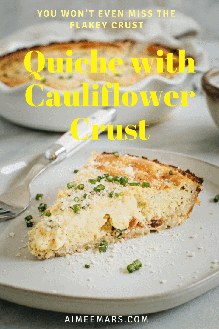 Quiche wedge on white plate with big yellow title.