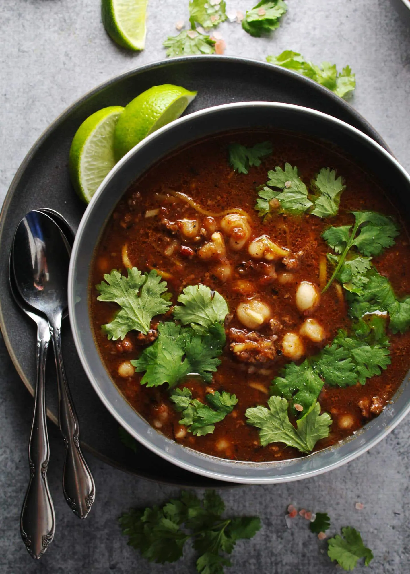 Beef stew in gray bowl