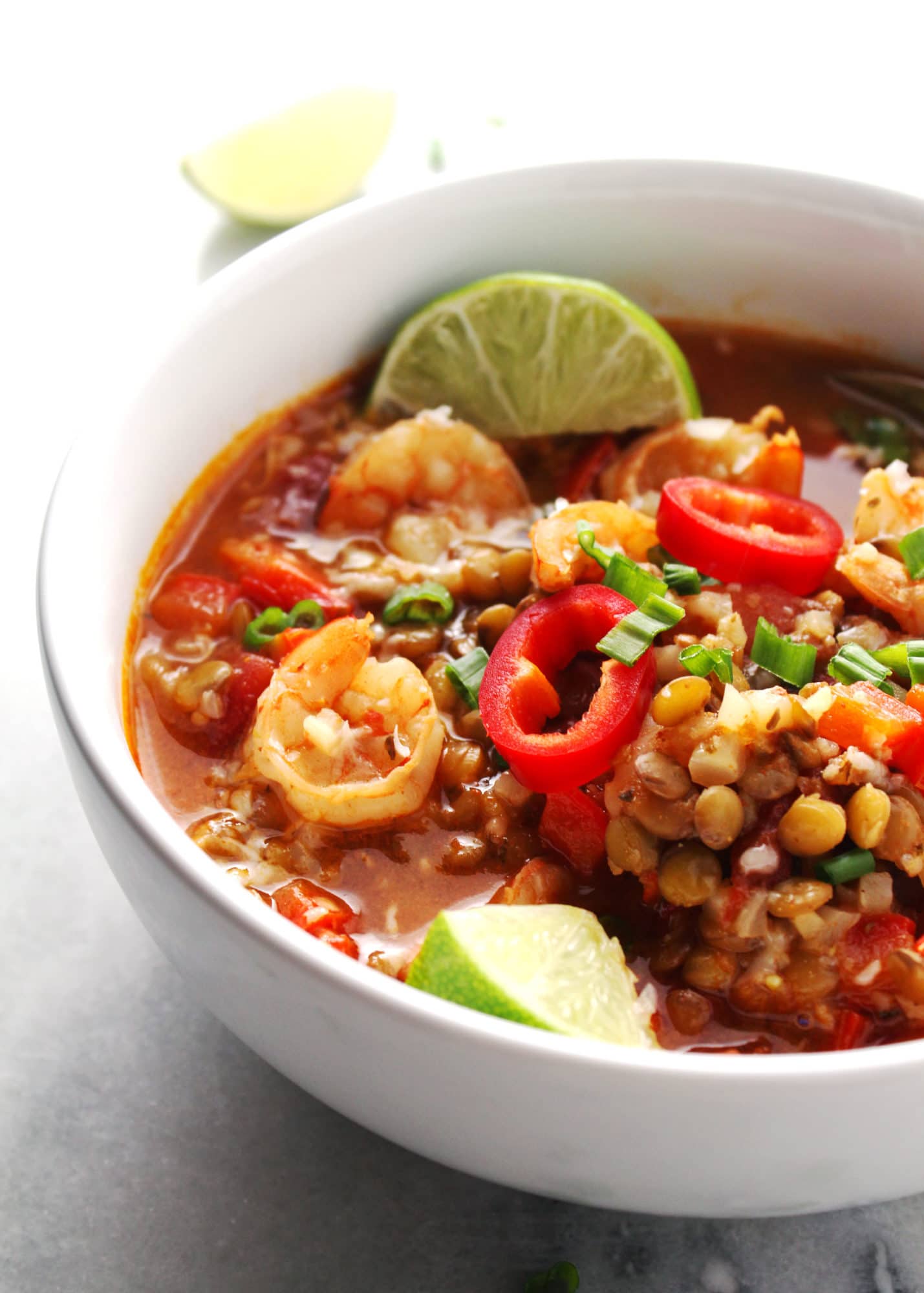 Instant Pot Shrimp and Lentil Stew in white bowl