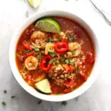 Shrimp and Lentil Stew in white bowl