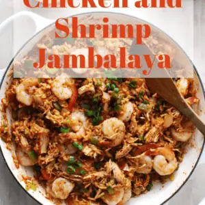 Chicken and shrimp jambalaya with red title.