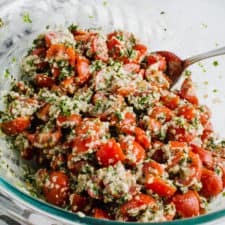 Hemp Seed Tabbouleh in a glass bowl.