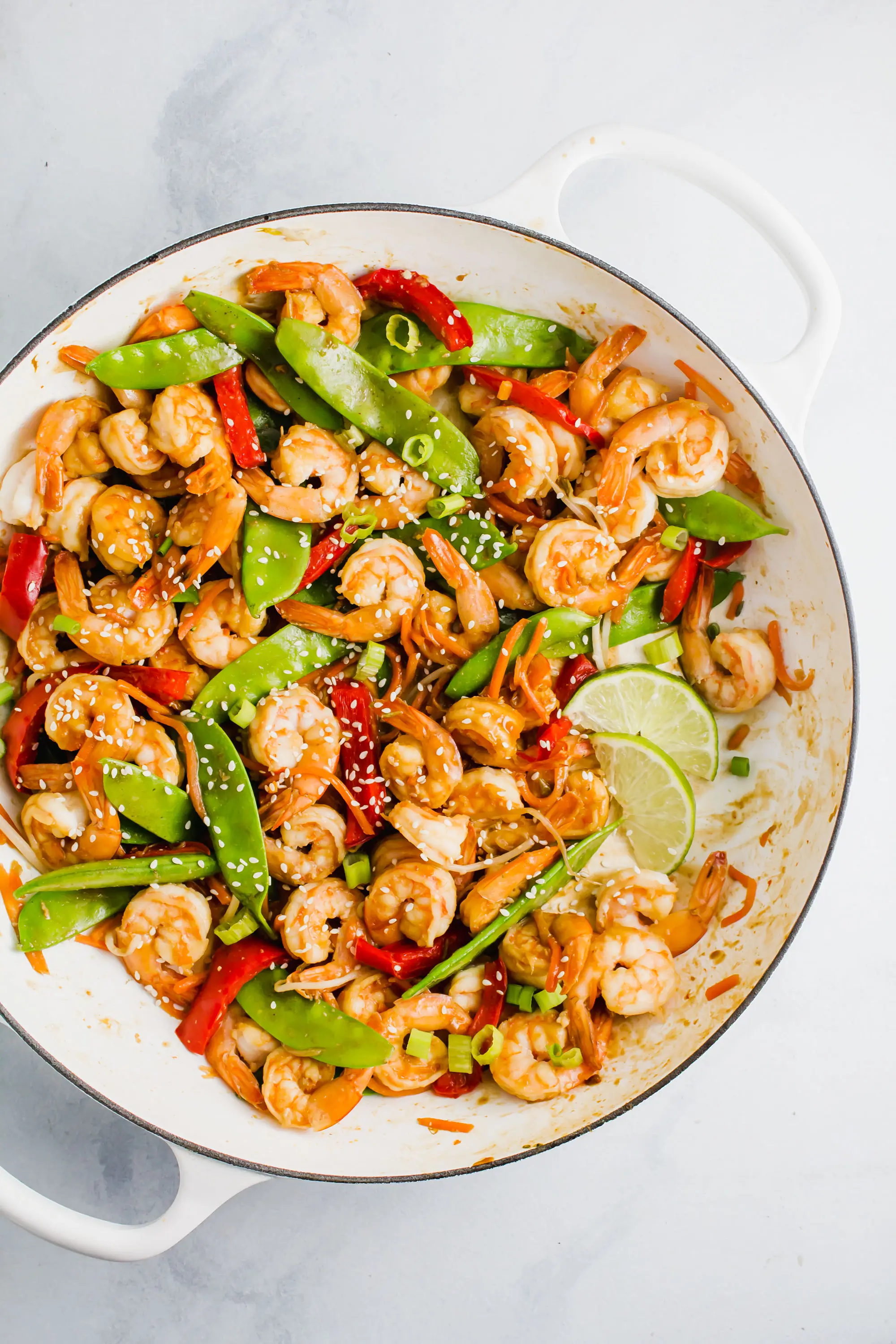 Miso Glazed Shrimp Stir-Fry in a white skillet