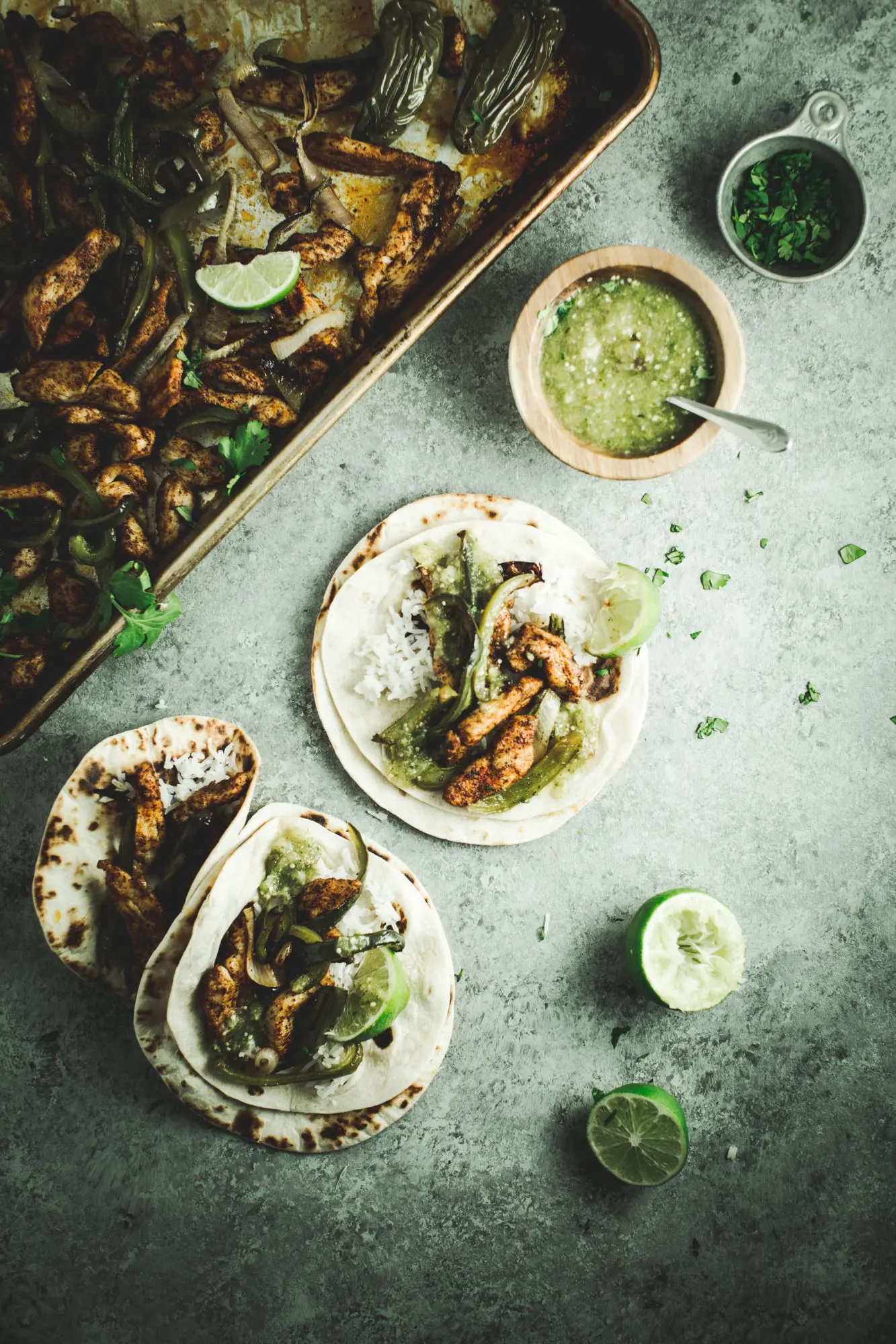 sheet pan salsa verde chicken fajitas