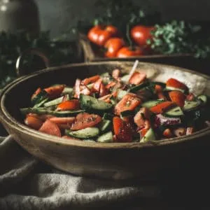 cucumber tomato salad in wooden bowl on top of cream colored table linen with fresh tomatoes in background