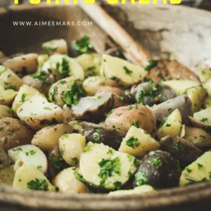 Potato salad with yellow title.