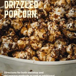 Chocolate covered caramel popcorn in white bowl with light yellow title.