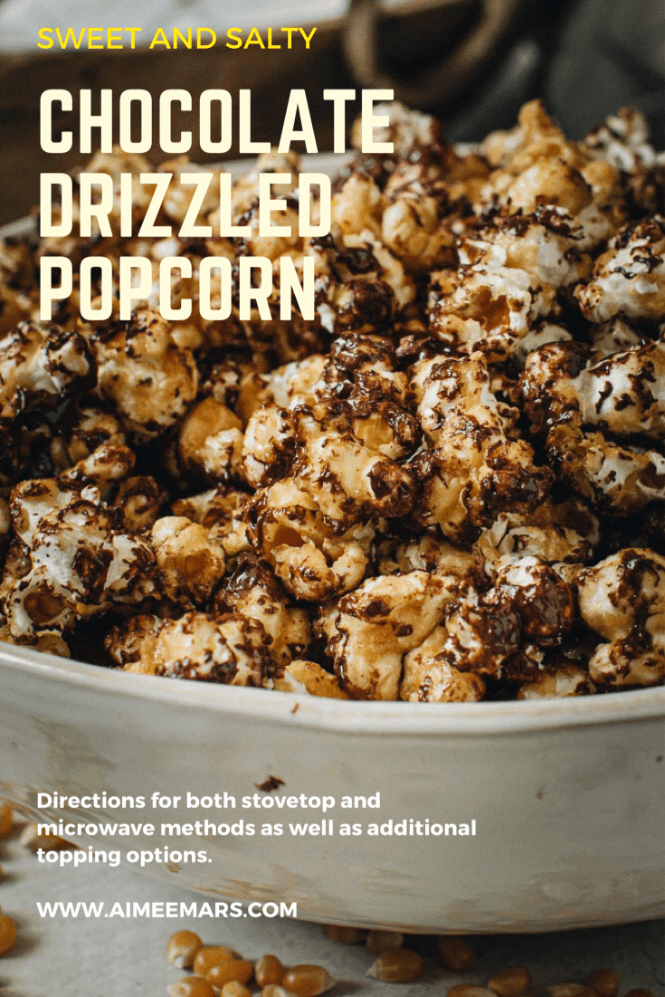 Chocolate covered caramel popcorn in white bowl with light yellow title.