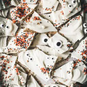 Pieces of Halloween almond bark.