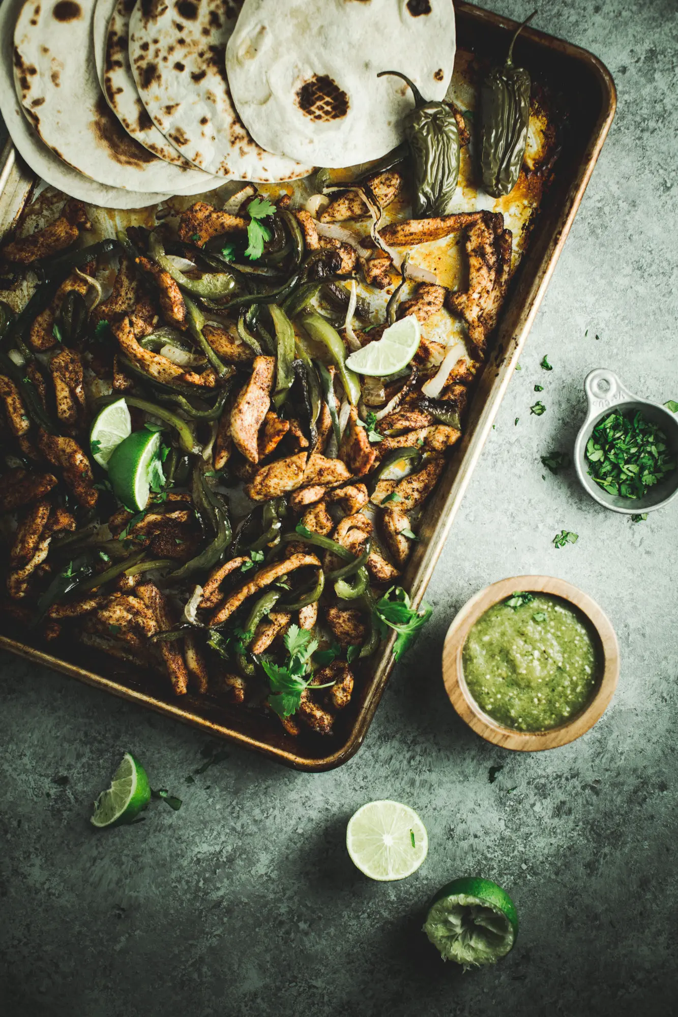 sheet pan salsa verde chicken fajitas