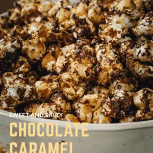 Gourmet caramel popcorn in white bowl.