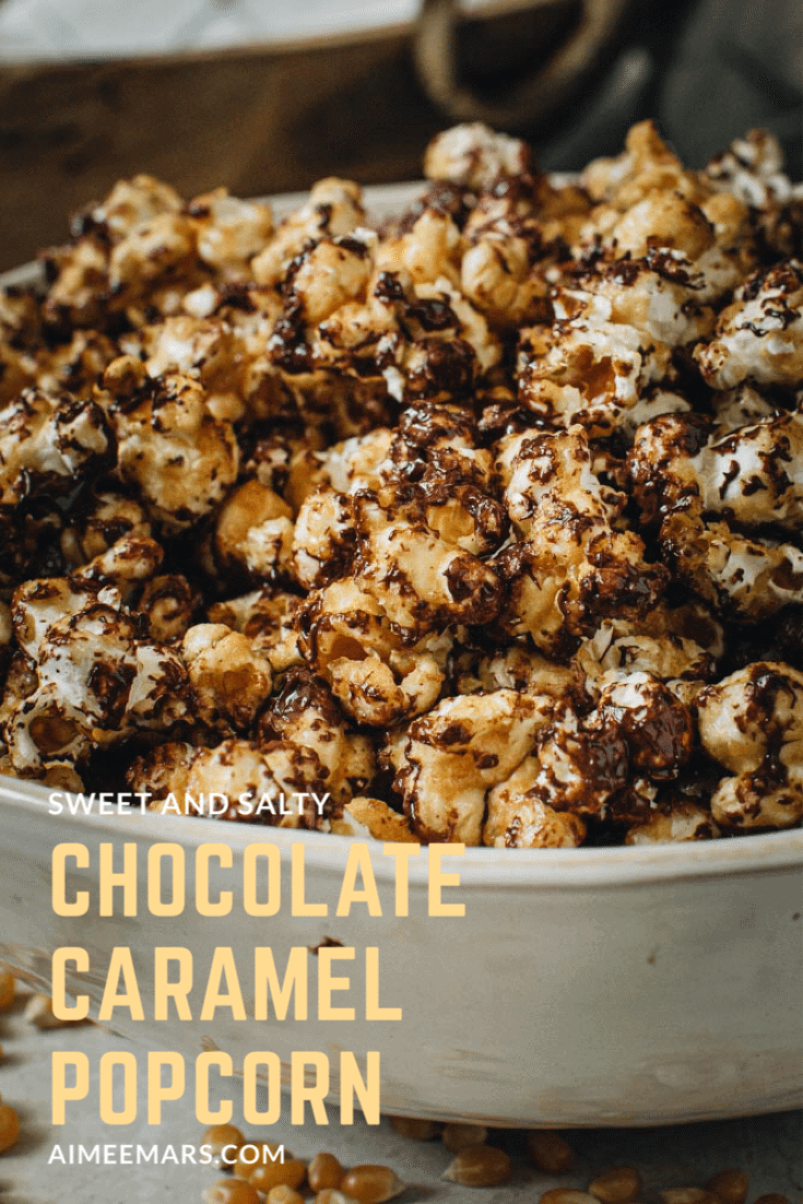 Gourmet caramel popcorn in white bowl.