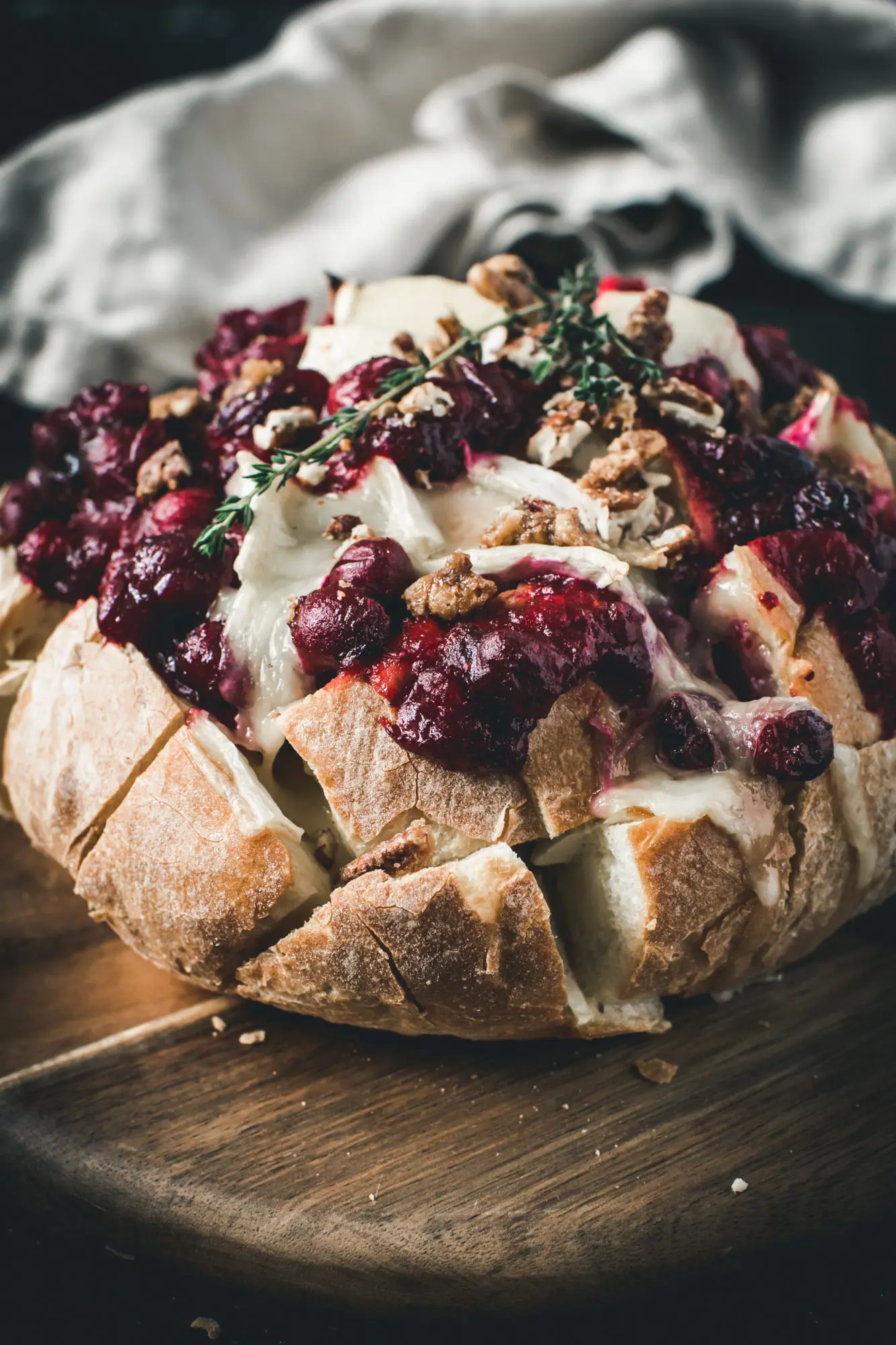 cranberry brie pull apart bread with thyme on top