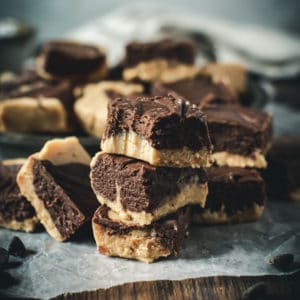 chocolate peanut butter fudge stacked on top of each other