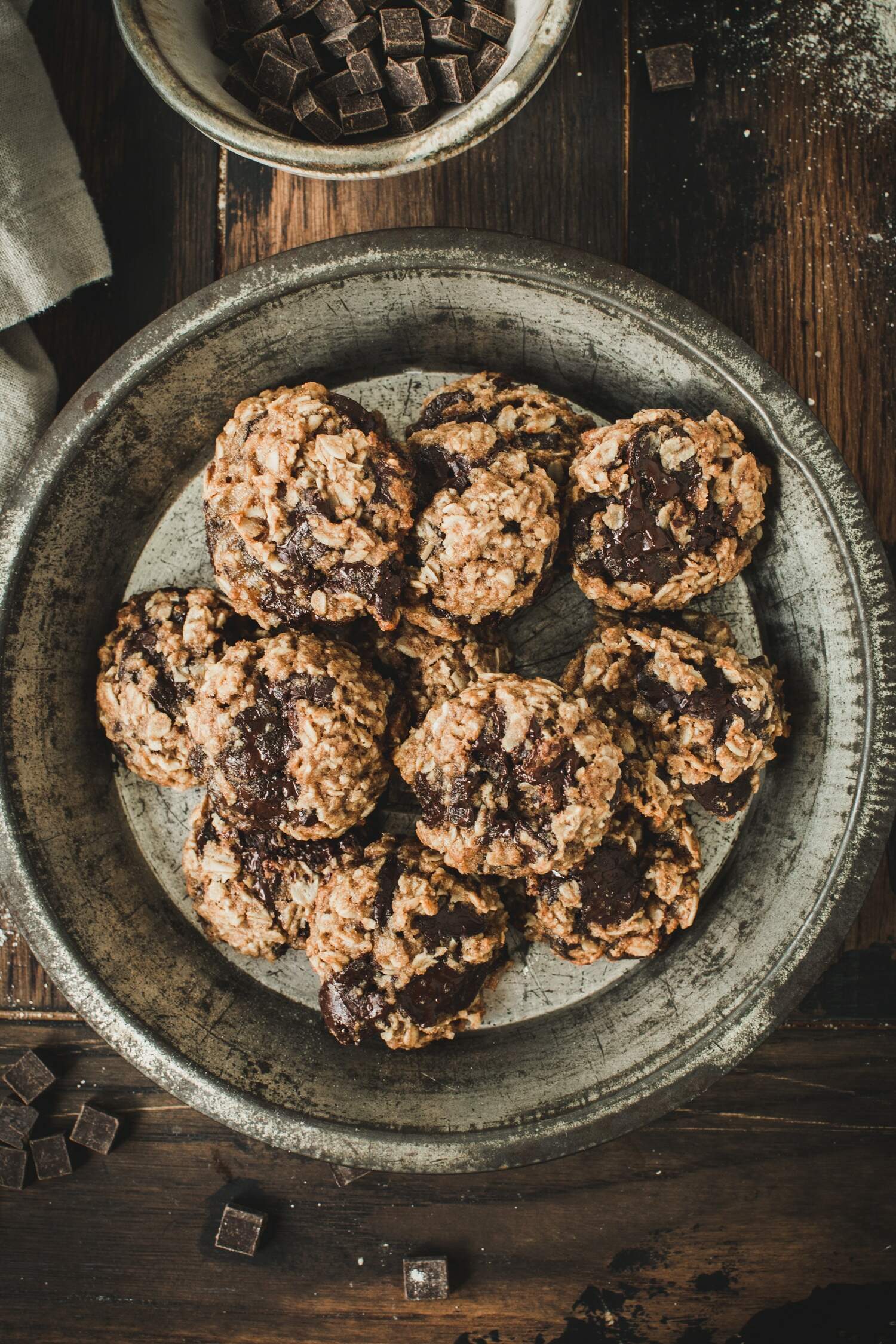 Healthy oatmeal cookies in a metal tin pan.