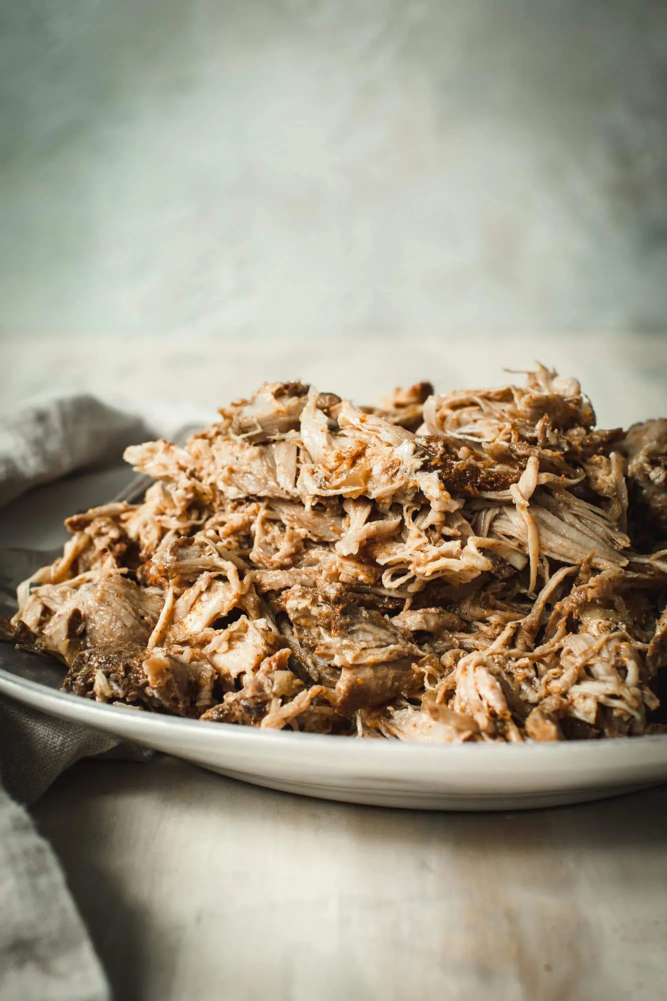 Shredded pork on a white plate.