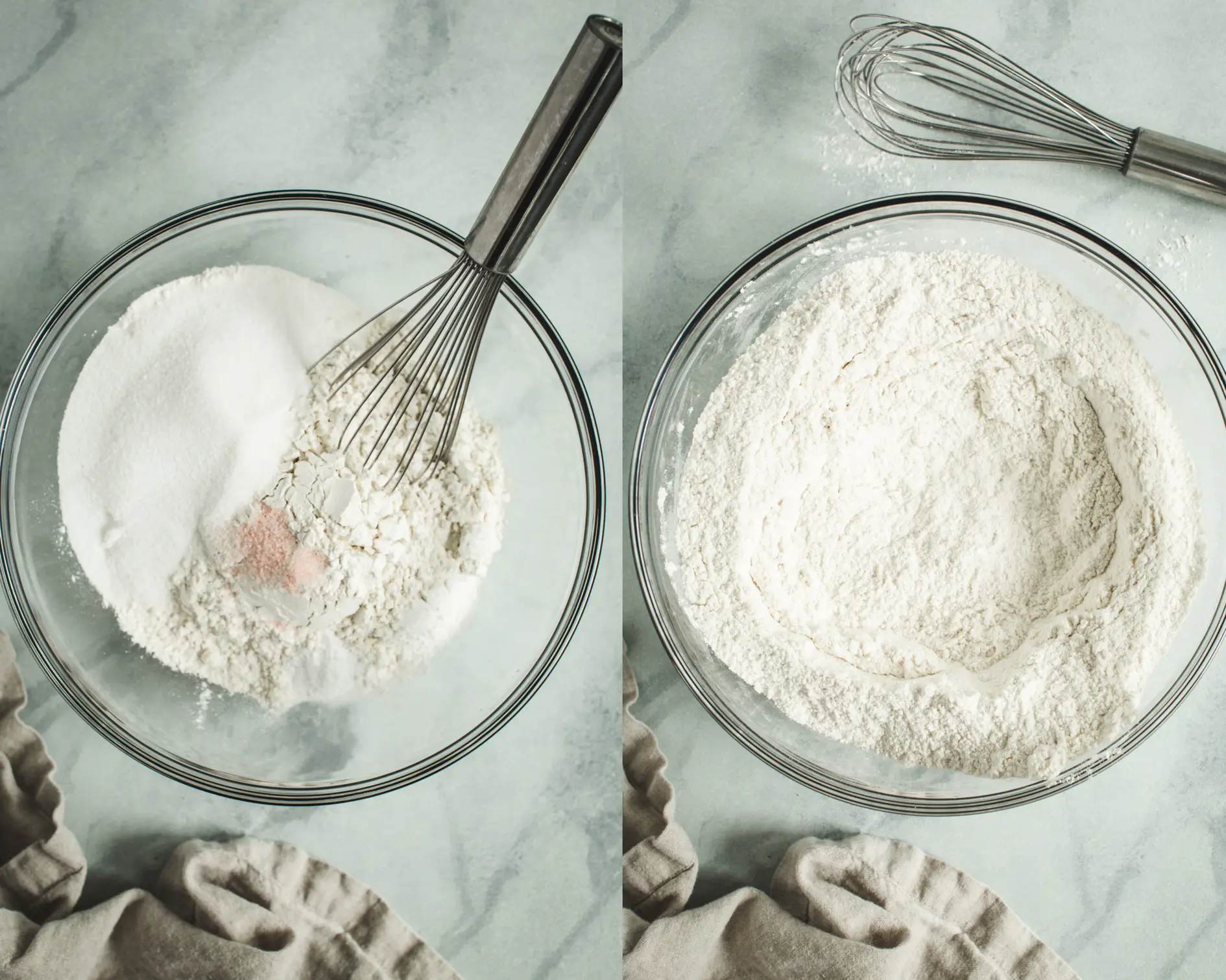 Dry ingredients in mixing bowl on left with whisk and dry ingredients in mixing bowl on right.