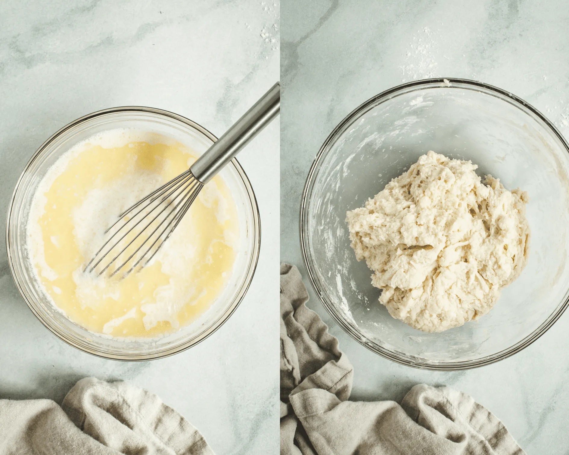 Wet mixture for Irish soda bread on left and soda bread batter on right in mixing bowl.