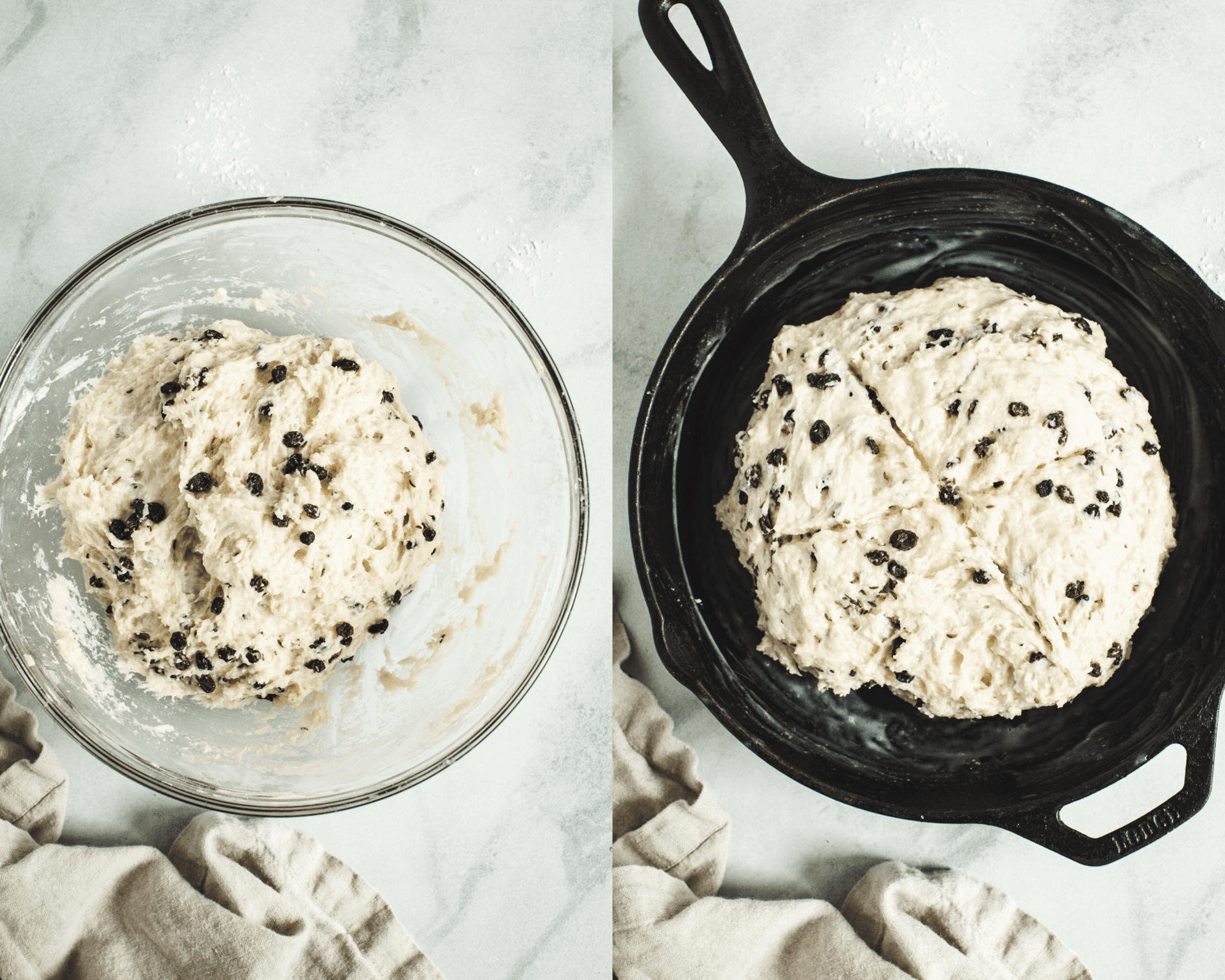 Soda bread batter in a mixing bowl on left and shaped into a ball in a skillet on right.