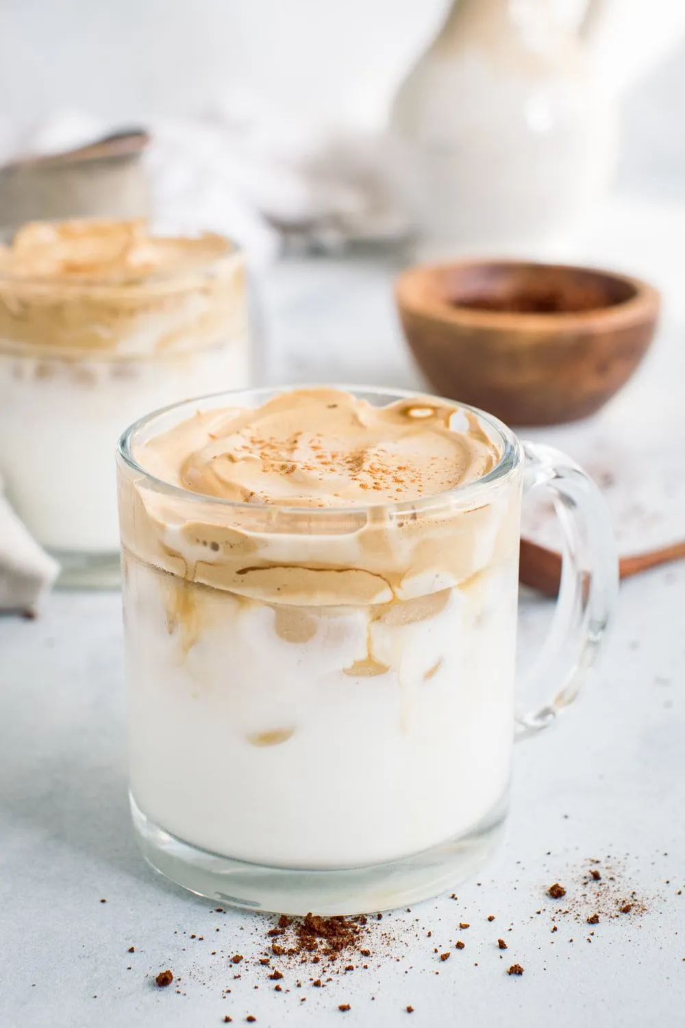 Dalgona Whipped Coffee in clear glass mugs.