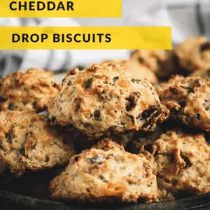 Bacon Cheddar Biscuits with title above biscuits.