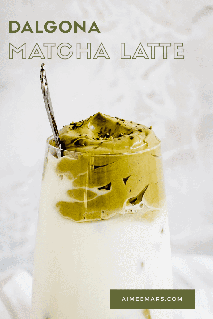 Dalgona Matcha Latte with Green Writing.