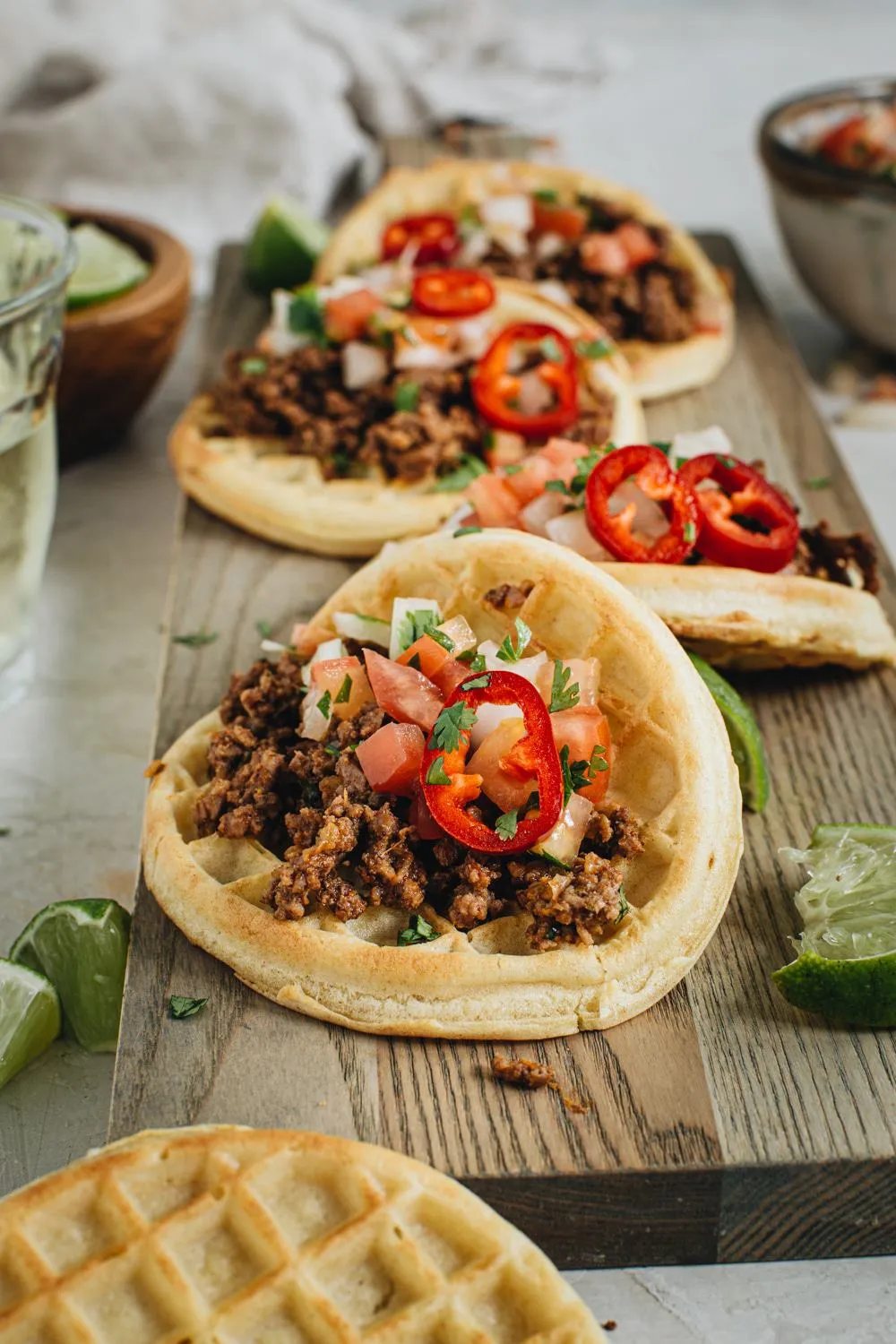 Ground beef waffle taco topped with pico de gallo.