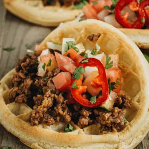 Taco waffle on wooden cutting board.