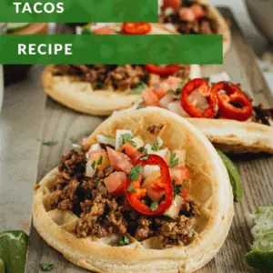 Ground beef taco waffles with white and green lettering.