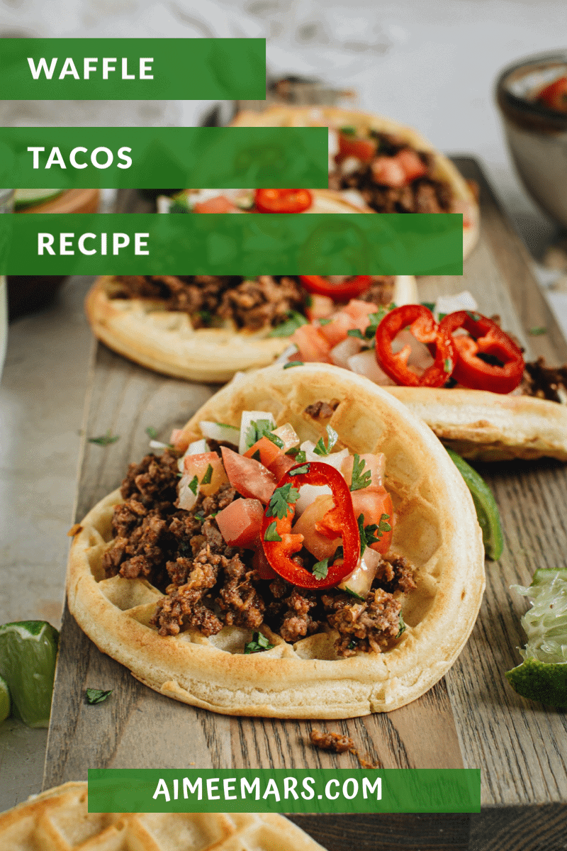 Ground beef taco waffles with white and green lettering.