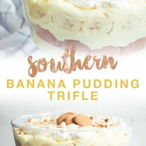 Banana pudding double image with brown and yellow title.