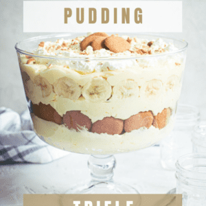 Banana pudding with gold and white title.