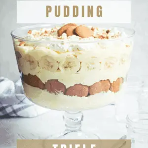 Banana pudding with gold and white title.