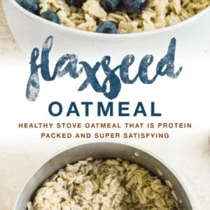 Flaxseed oatmeal double image with blue title.