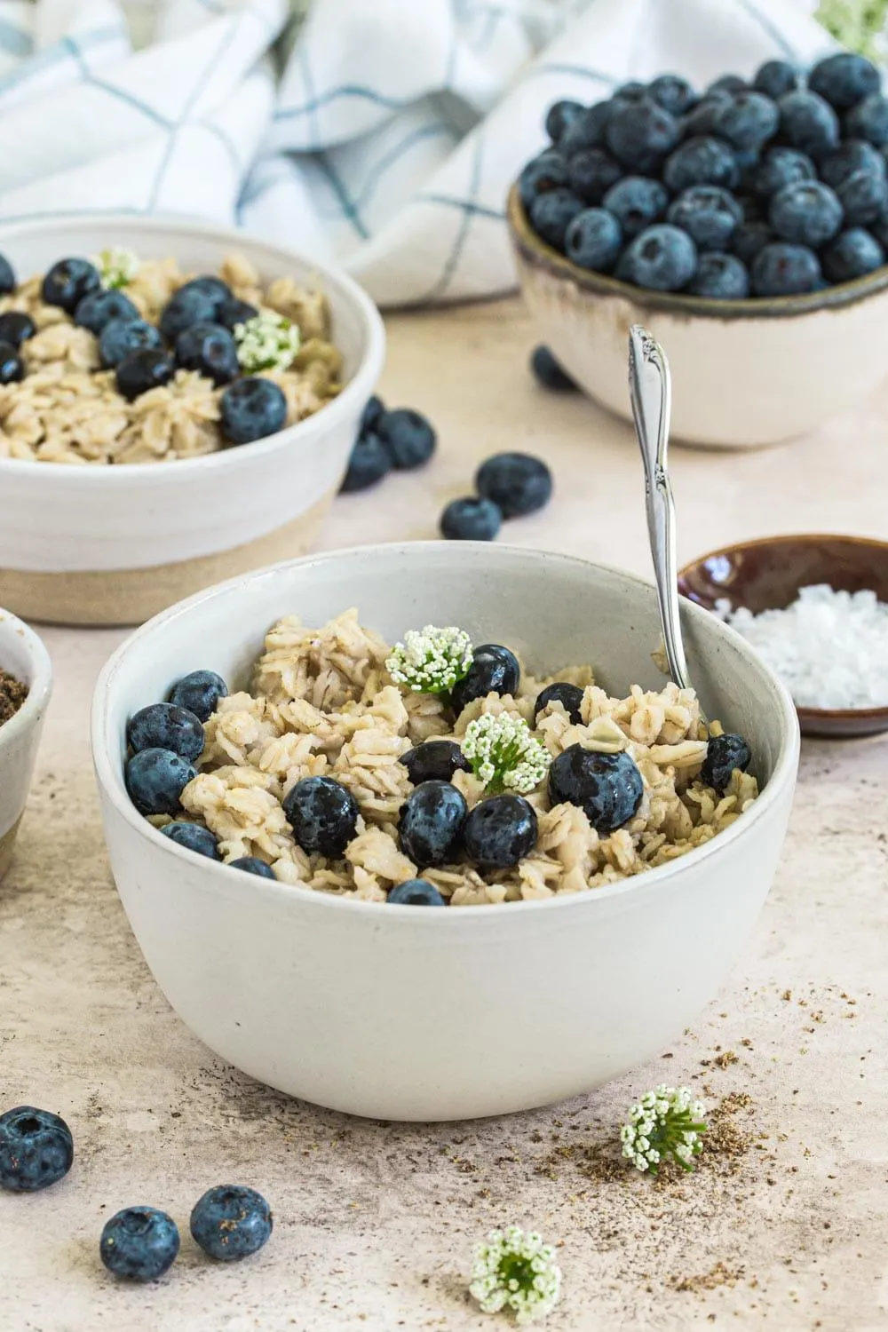 Stovetop oatmeal in a bowl with a silver spoon.