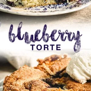 double image of blueberry torte slices with blue title