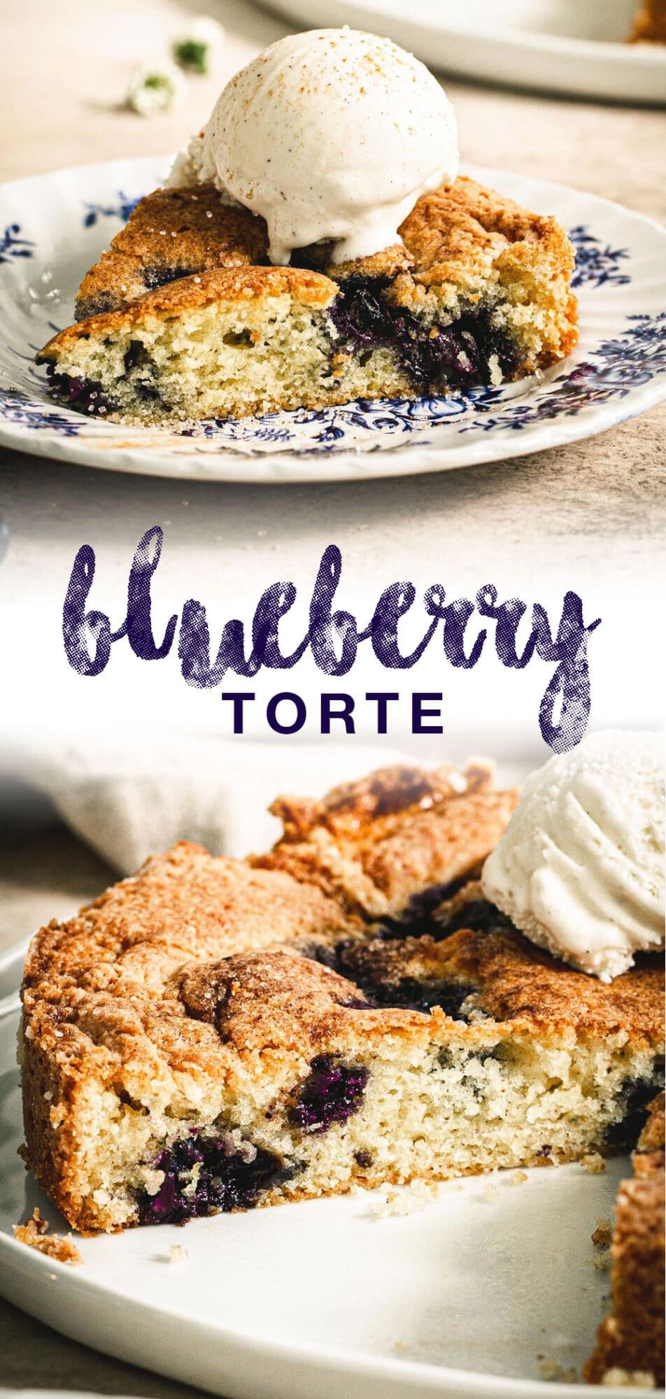 double image of blueberry torte slices with blue title