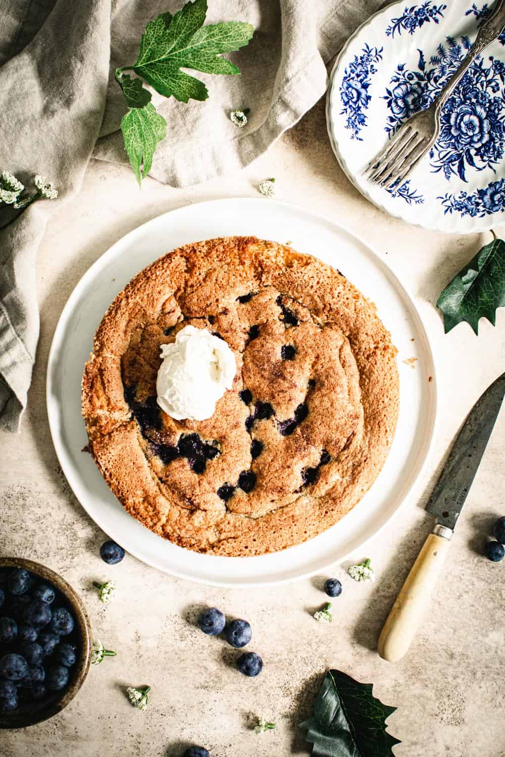 Blueberry torte topped with ice cream on a white plate.