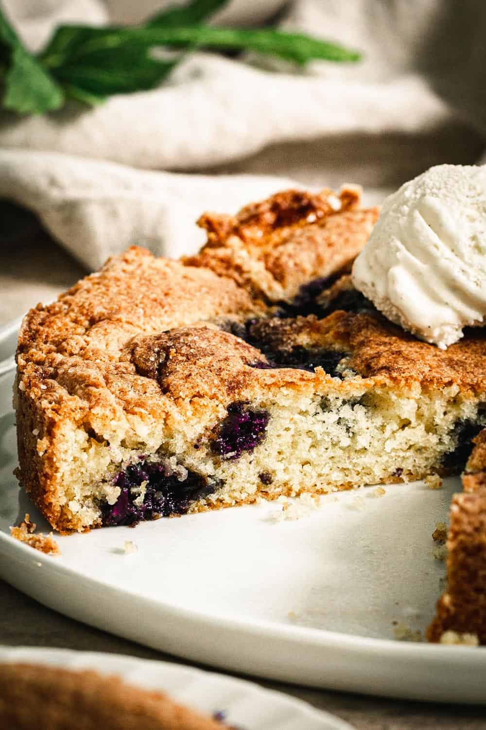 close up of warm blueberry torte with slice cut out
