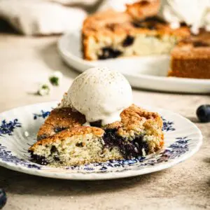 best blueberry torte slice with ice cream on top and on a blue and white plate