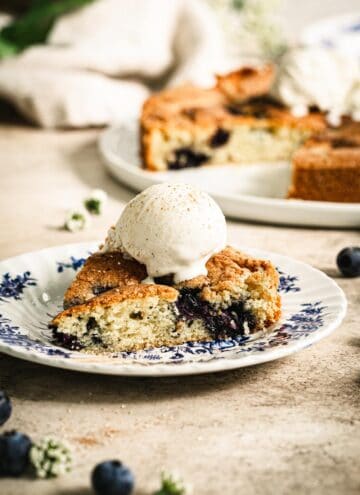 best blueberry torte slice with ice cream on top and on a blue and white plate